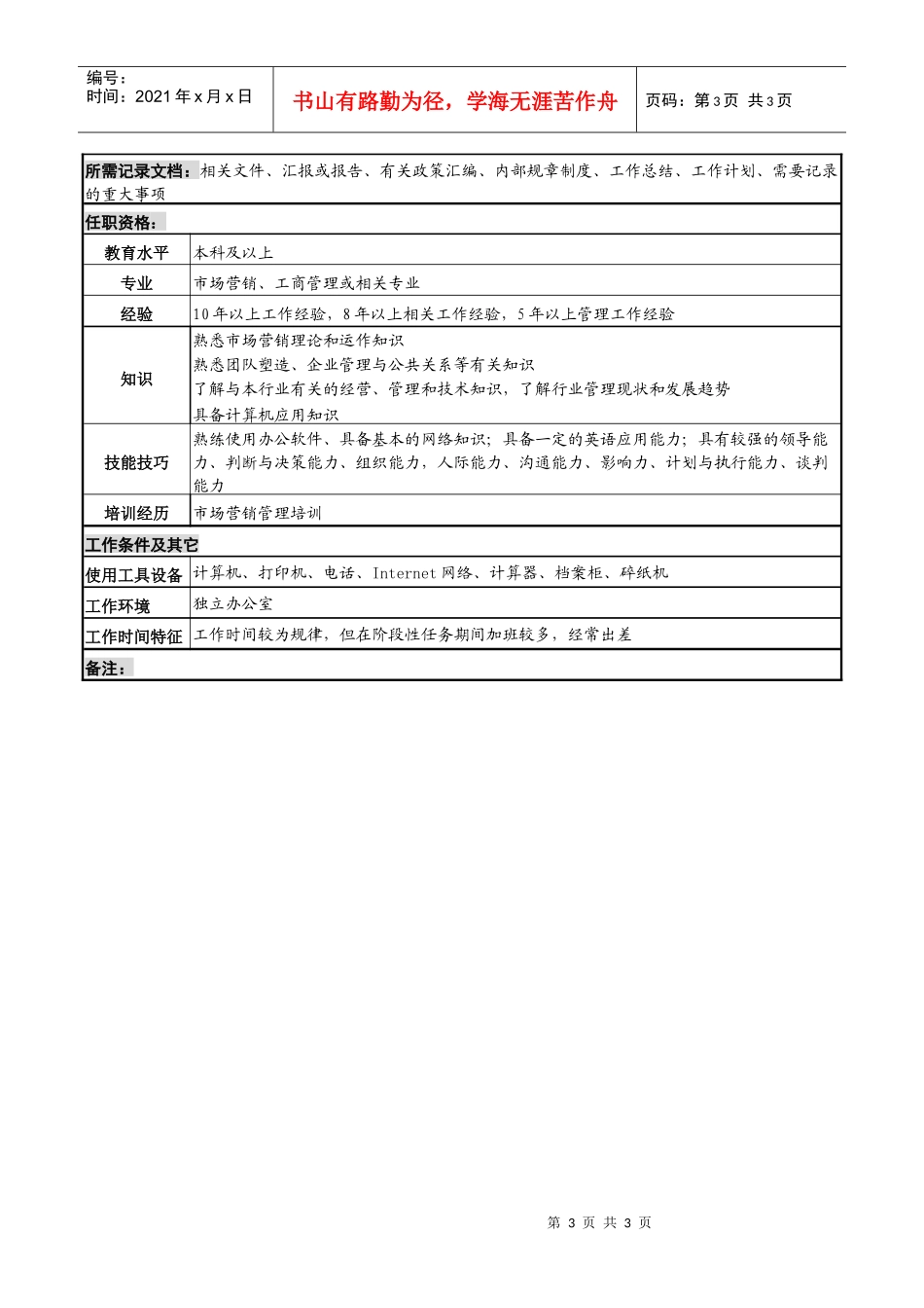 化妆品公司市场营销本部本部长岗位说明书_第3页