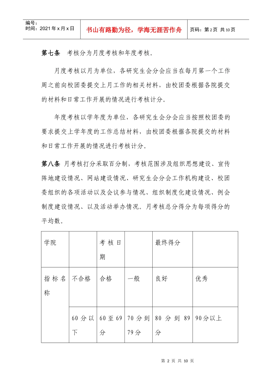 共青团中南财经政法大学委员会分团委工作考核办法(09版)_第2页