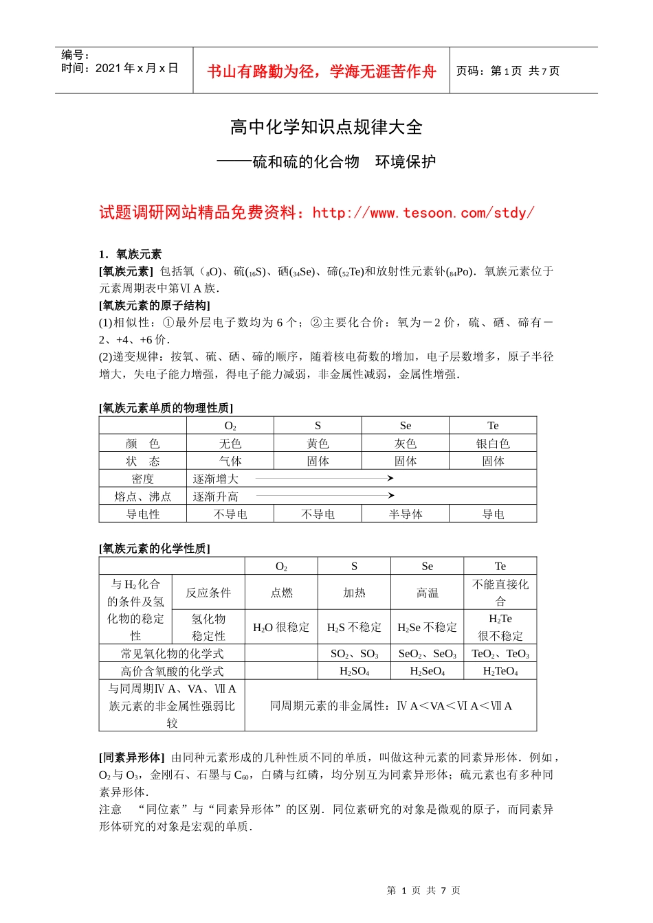 【化学】高中知识点规律大全(5)——《硫和硫的化合物 环境保护》_第1页