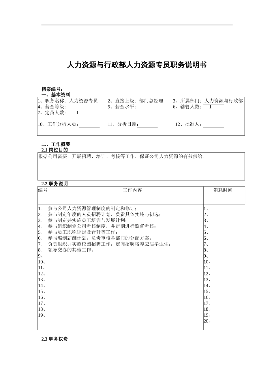 人力资源与行政部人力资源专员职务说明书_第1页