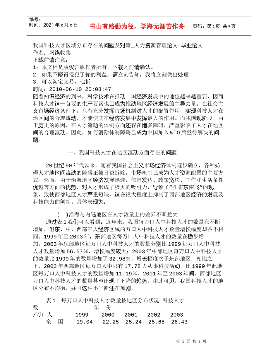 【精品文档-管理学】我国科技人才区域分布存在的问题及对策_人_第1页