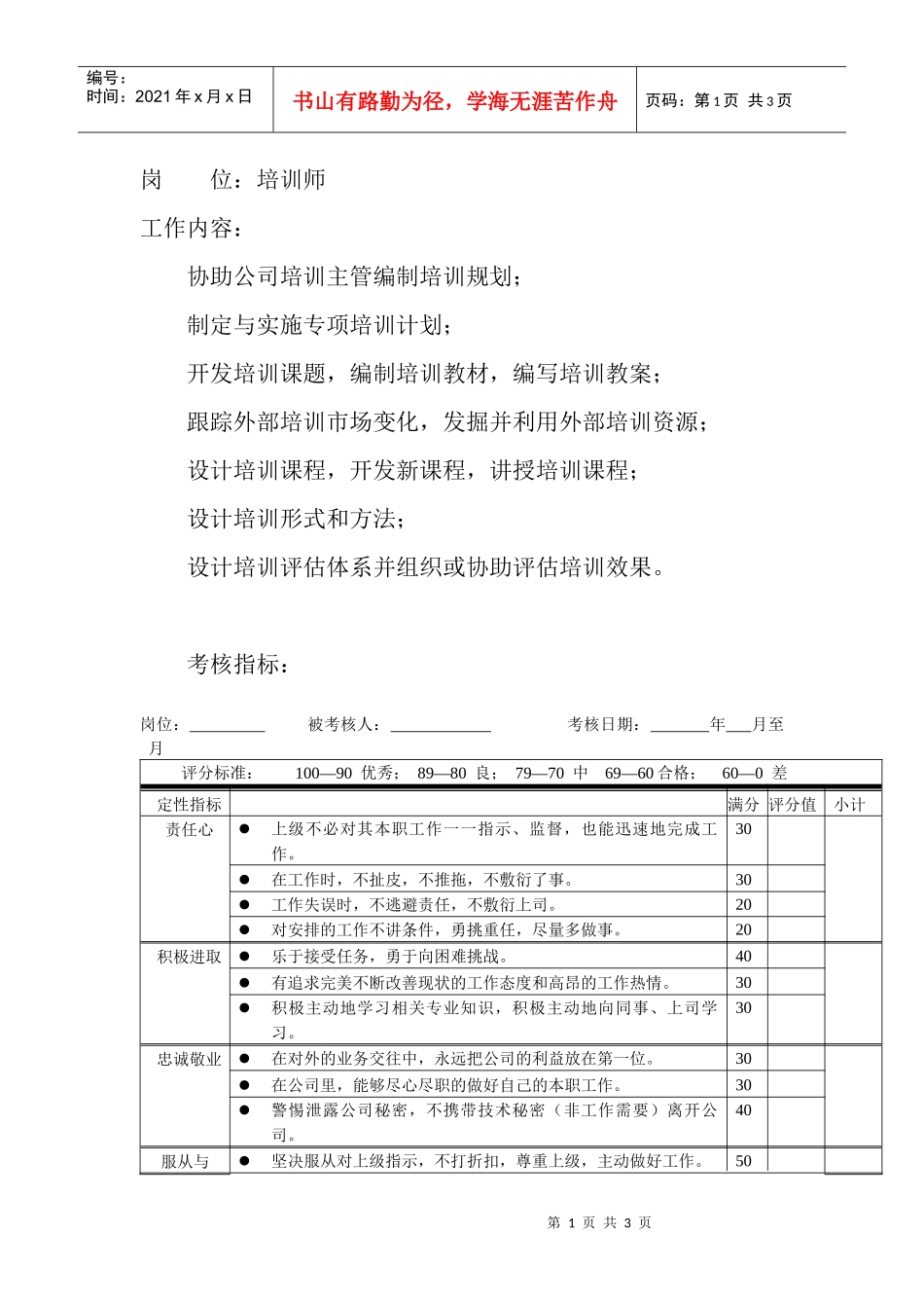 岗位工作内容和年度定性考核指标-培训师_第1页