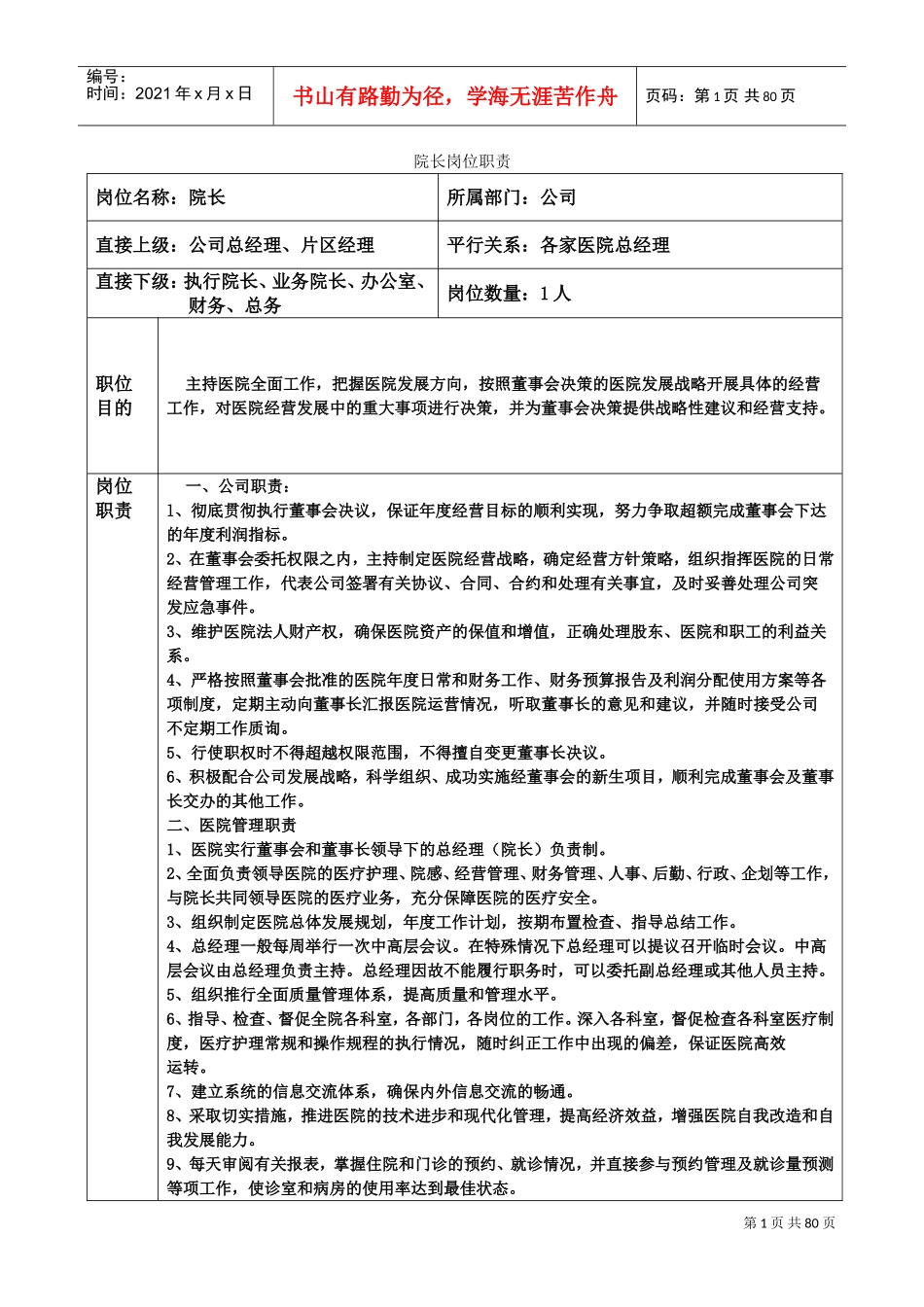 医院岗位职责文本大全(DOC61页)_第1页