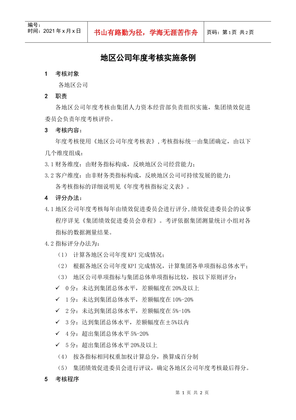 人力资源-2022HR701地区公司年度考核实施条例_第1页