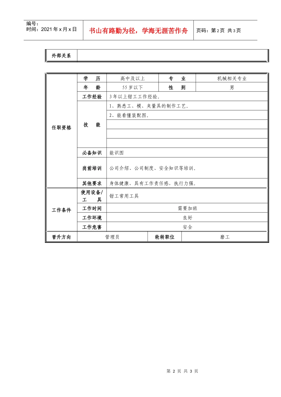 准备部钳工职位说明书_第2页