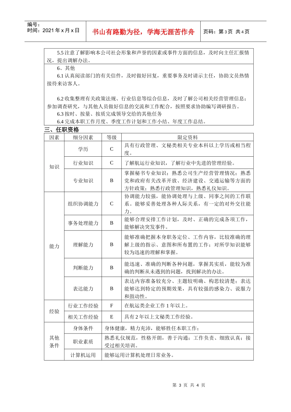 办公室秘书岗位任务说明书_第3页