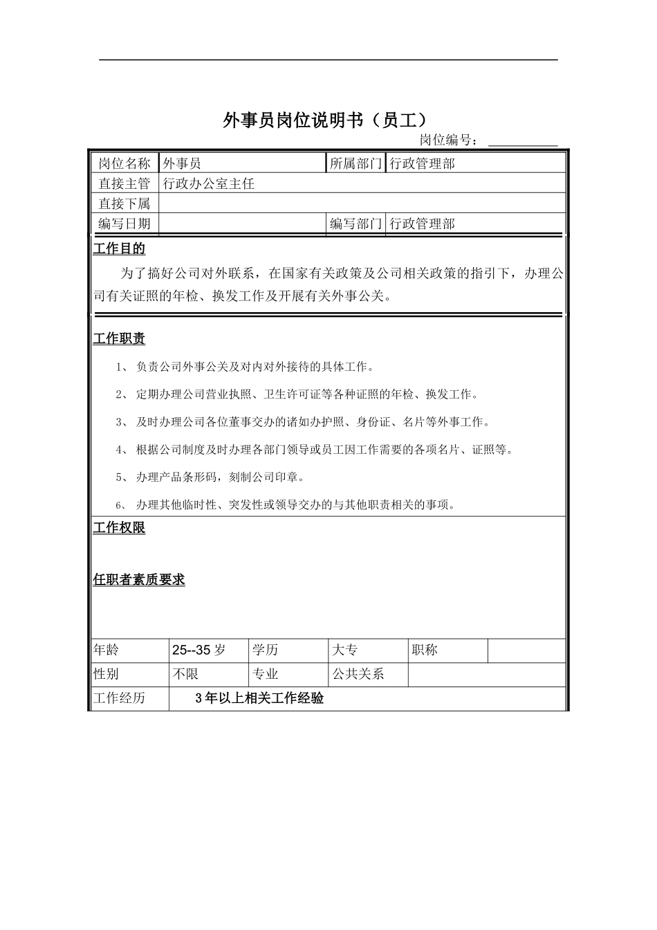 外事员岗位说明书_第1页