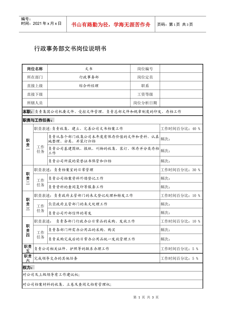制鞋企业行政事务部文书岗位说明书_第1页