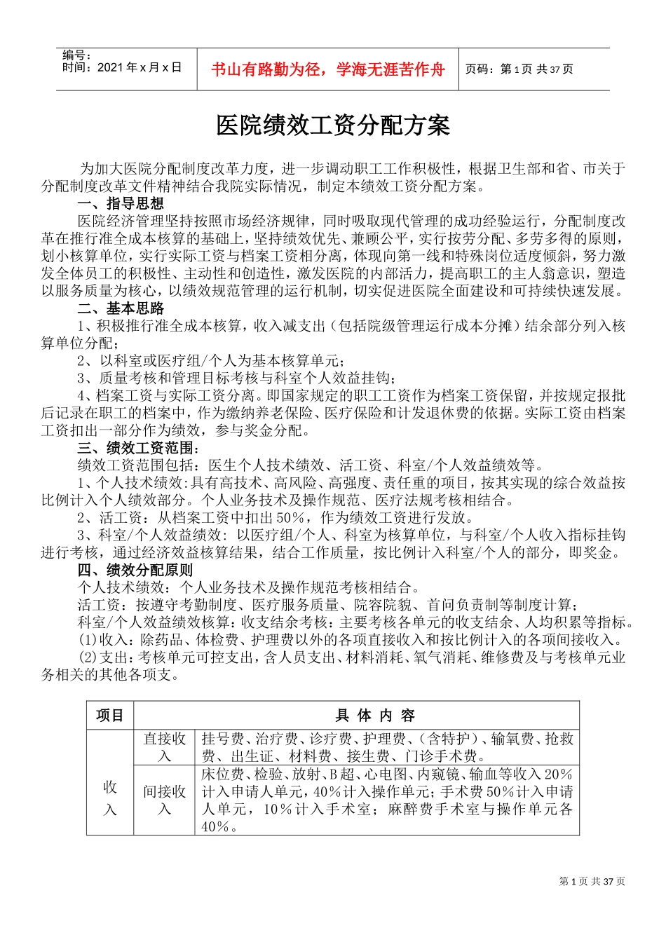 医院绩效工资分配方案(DOC68页)_第1页