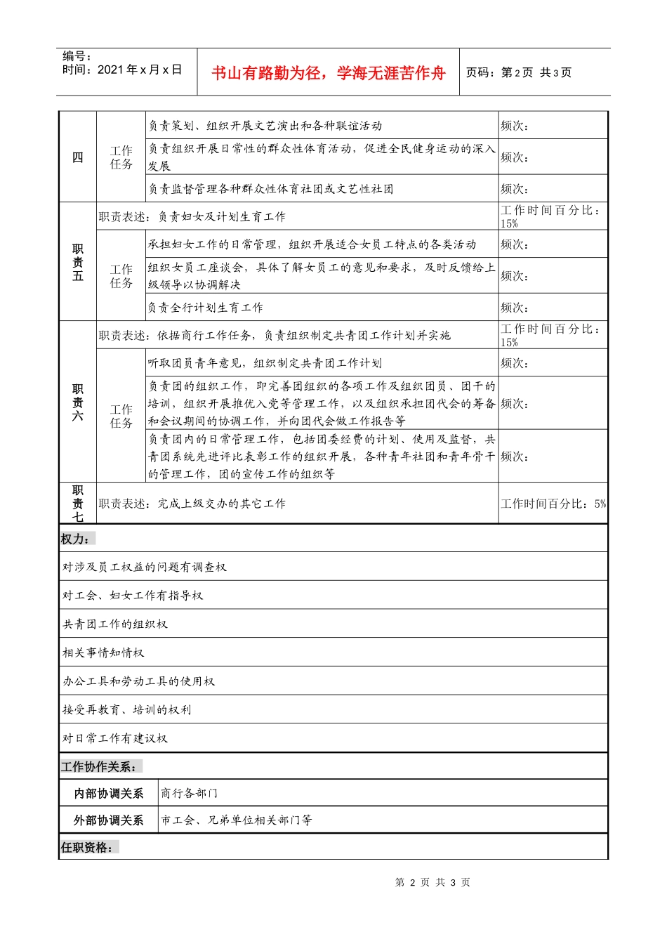 商业银行工会群团干事岗职务说明书_第2页