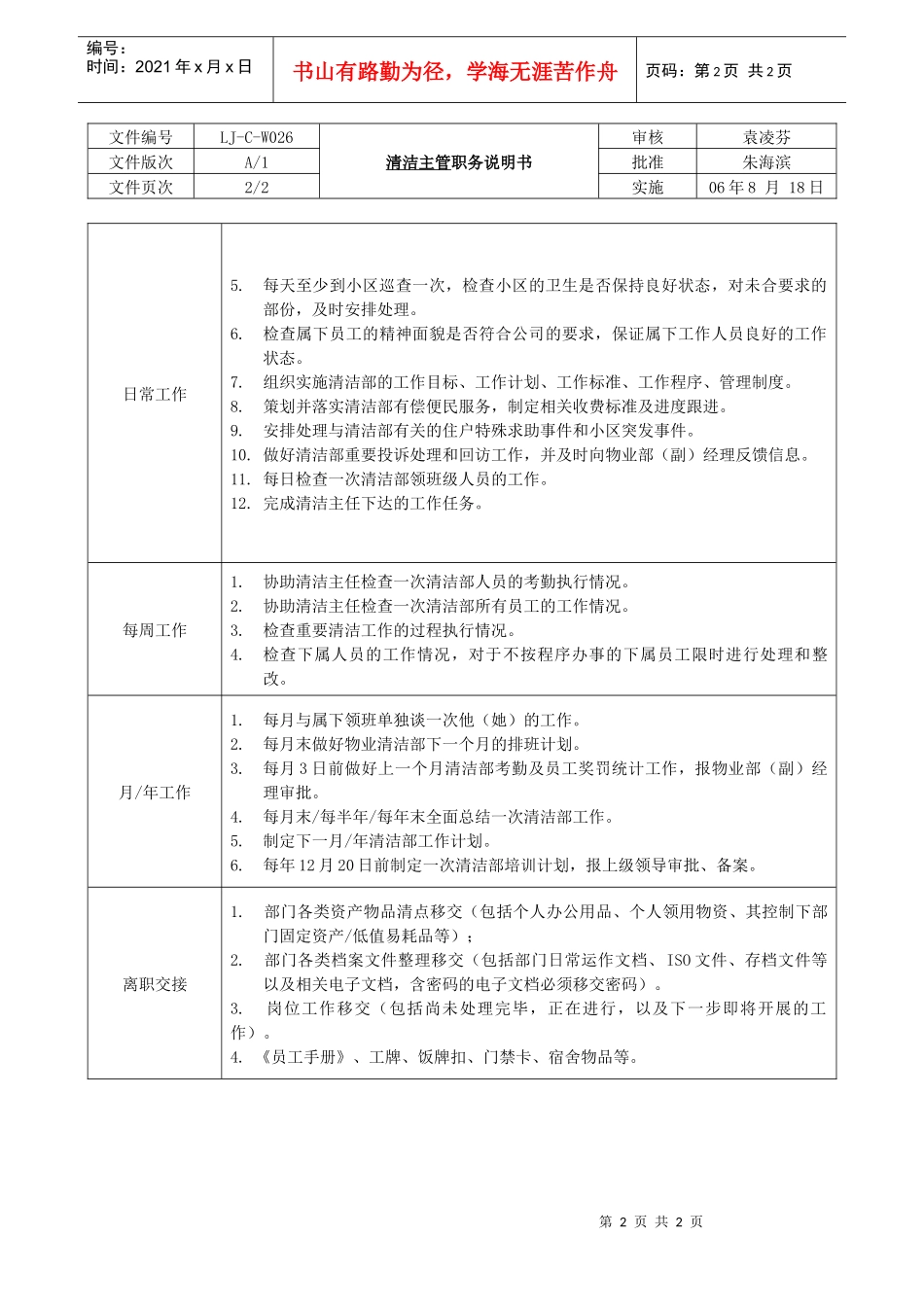 人力资源-2022LJ-C-W026清洁主管职务说明书（A1版080130）_第2页