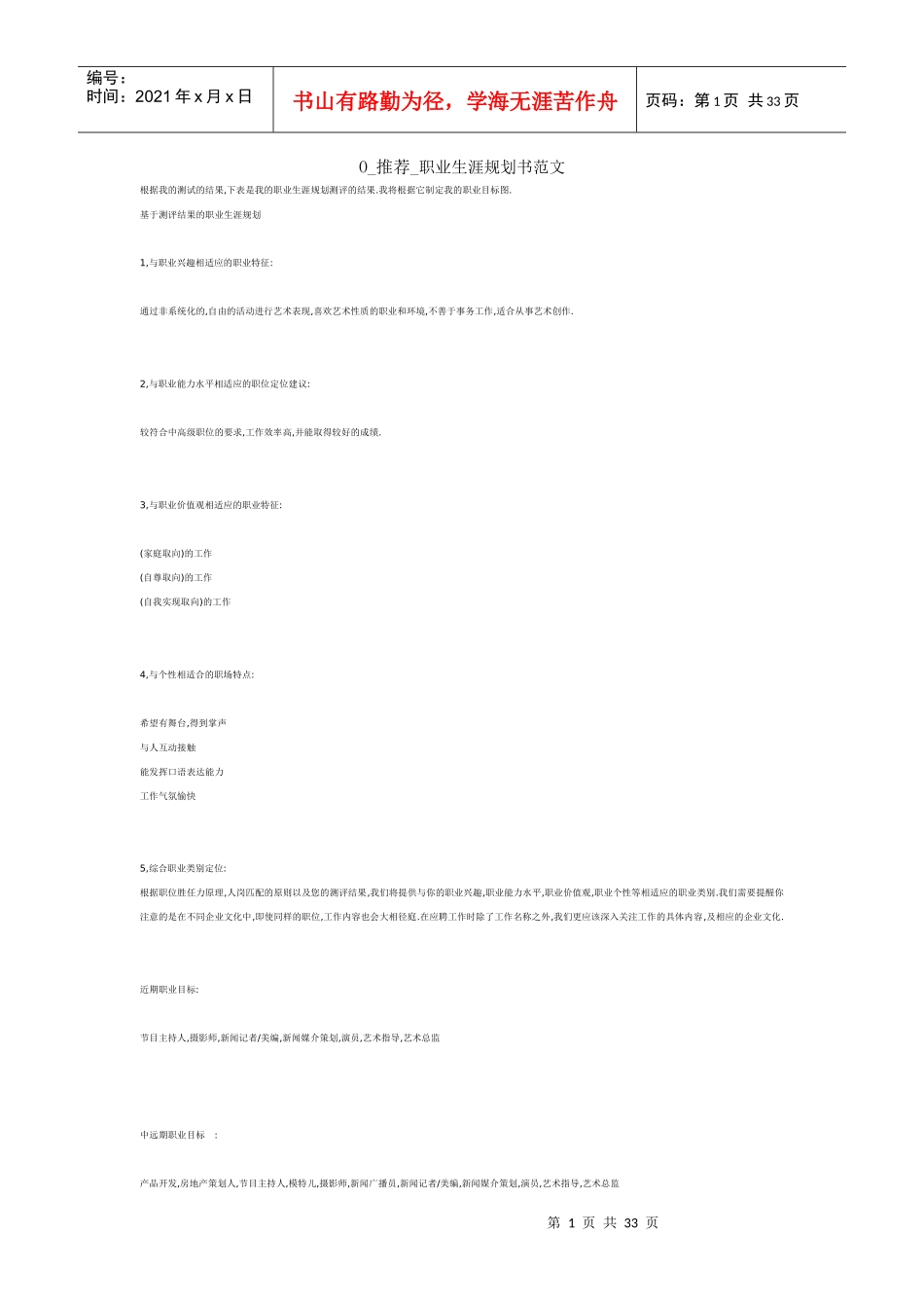 人力资源-2022O_推荐_职业生涯规划书范文_第1页
