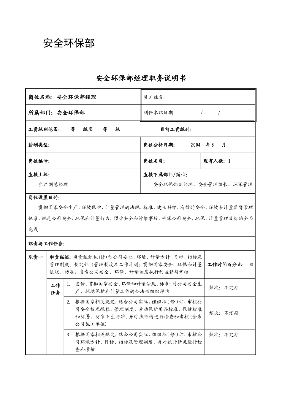 安全环保部岗位说明书_第1页