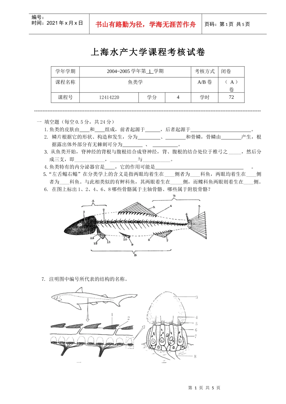 上海水产大学课程考核试卷纸_第1页
