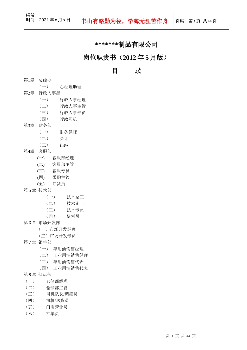 小贸易公司有限公司XXXX岗位说明书_第1页