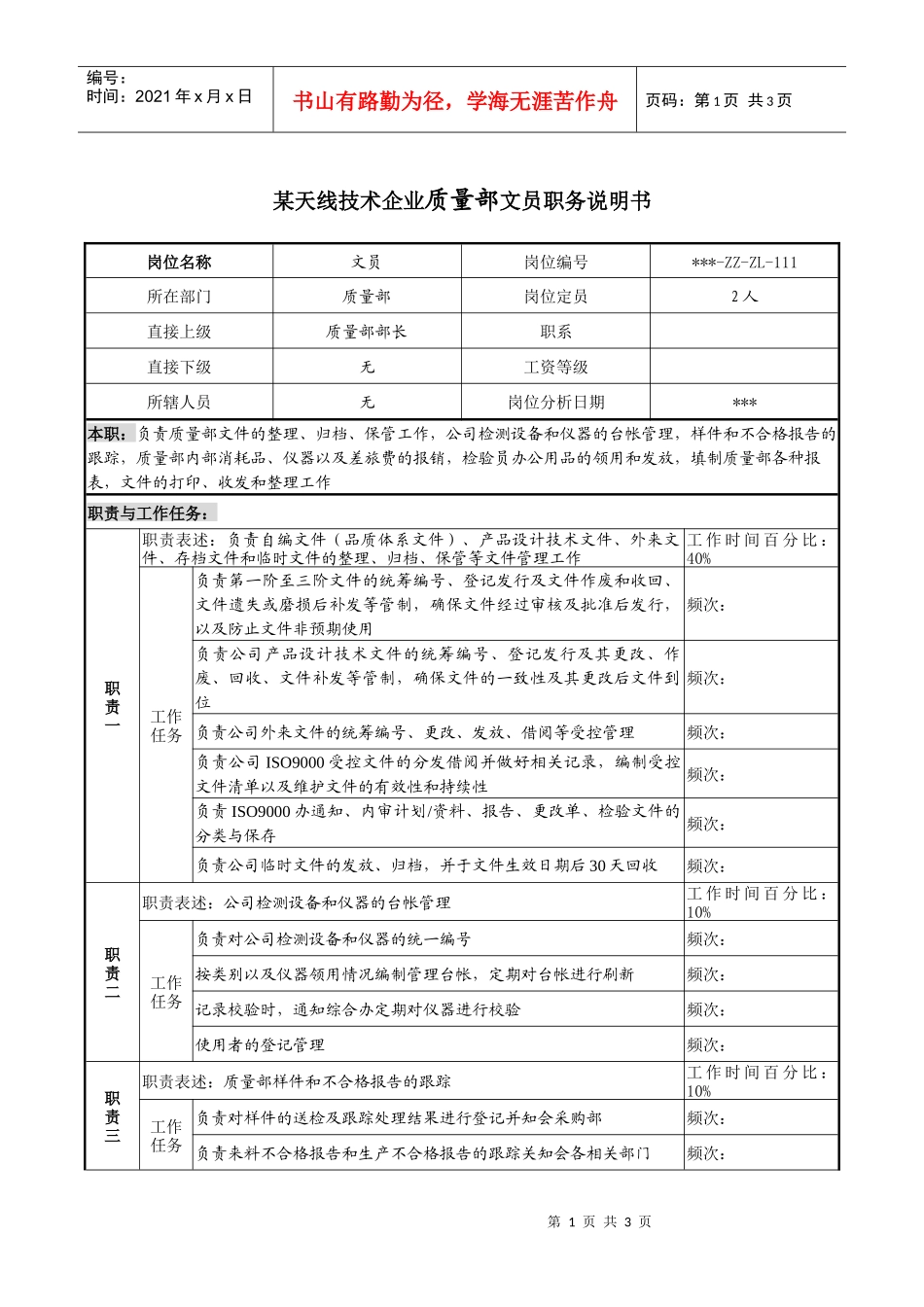 天线技术企业质量部文员职务说明书._第1页