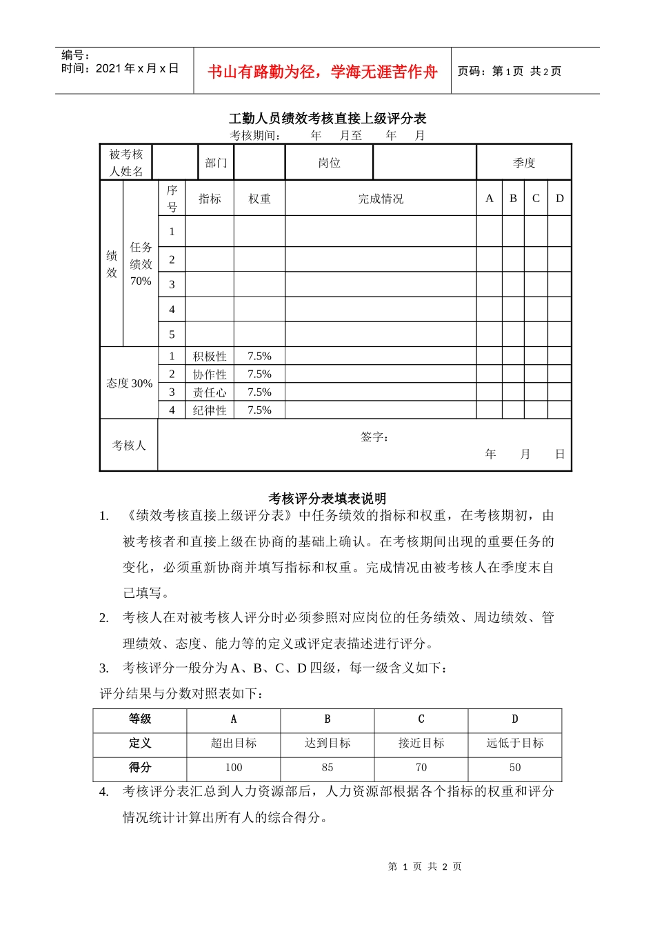 工勤人员绩效考核直接上级评分表_第1页