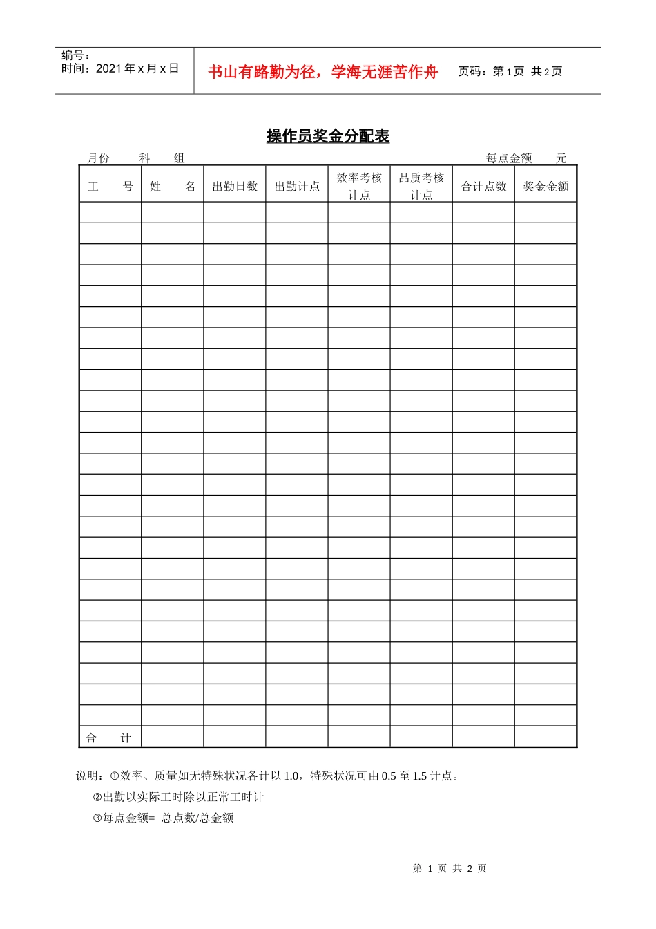 人力资源-2022260操作员奖金分配表_第1页