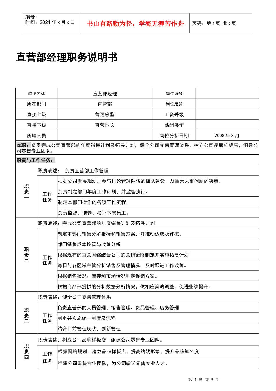 人力资源-2022CY直营部职务说明书_第1页