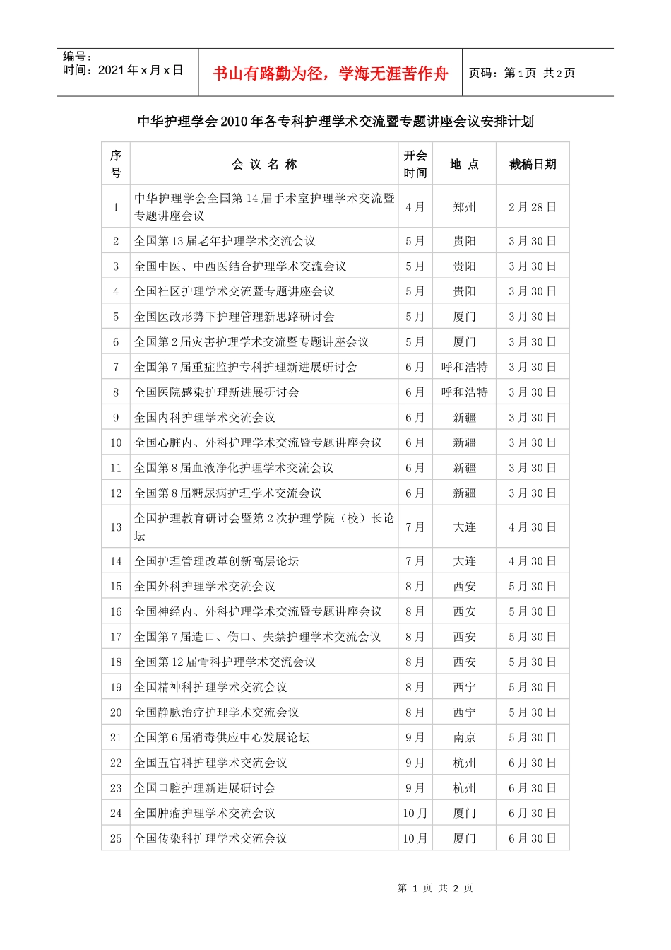 中华护理学会XXXX年各专科护理学术交流暨专题讲座会议安排计_第1页
