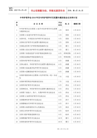 中华护理学会XXXX年各专科护理学术交流暨专题讲座会议安排计
