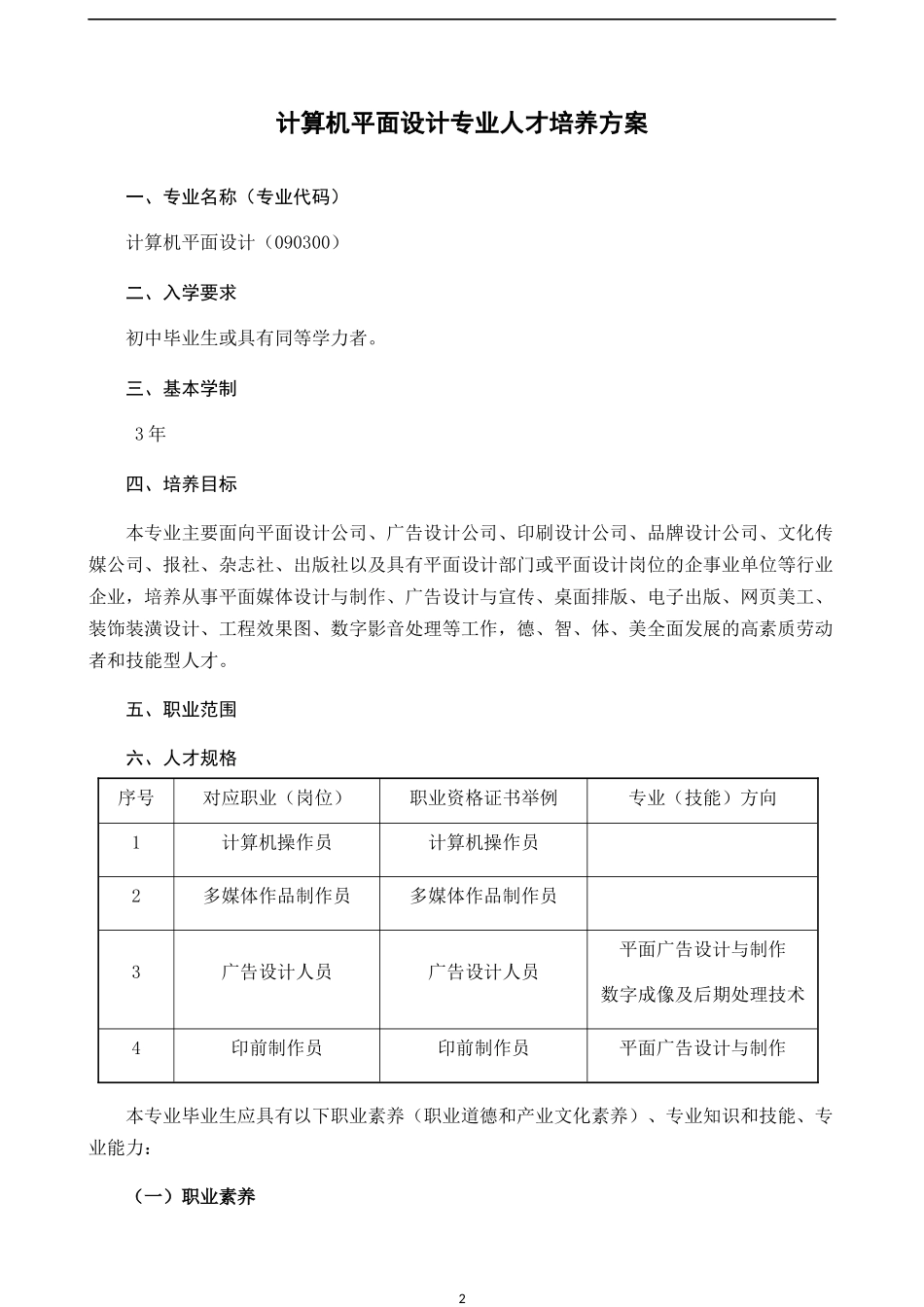人力资源-2022XXXX平面设计专业人才培养方案_第2页