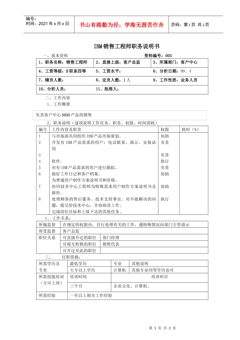 人力资源-2022IBM销售工程师职务说明书(doc)_第1页