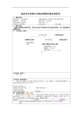 冠东车灯有限公司供应部部长职位说明书