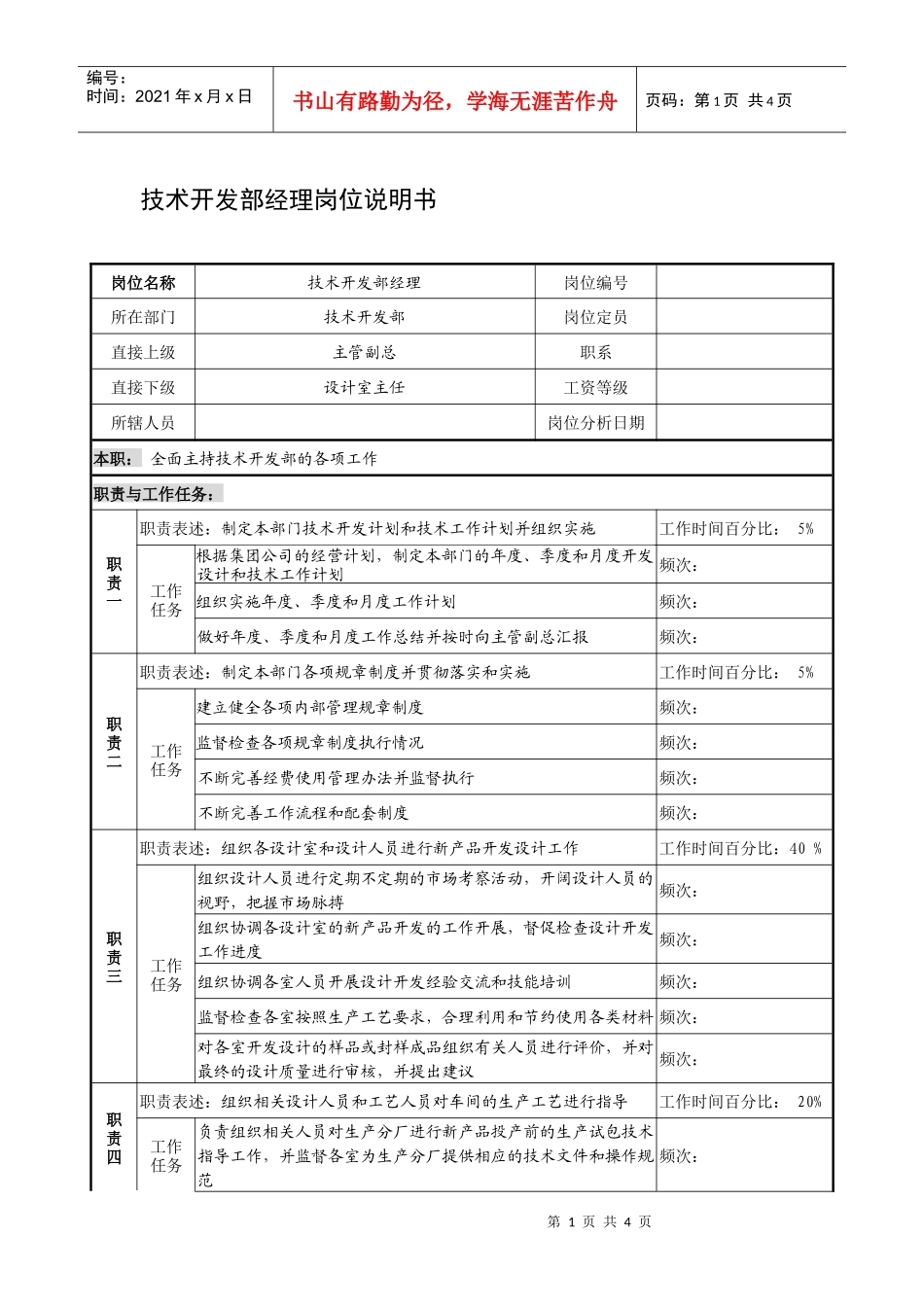 制鞋企业技术开发部经理岗位说明书_第1页