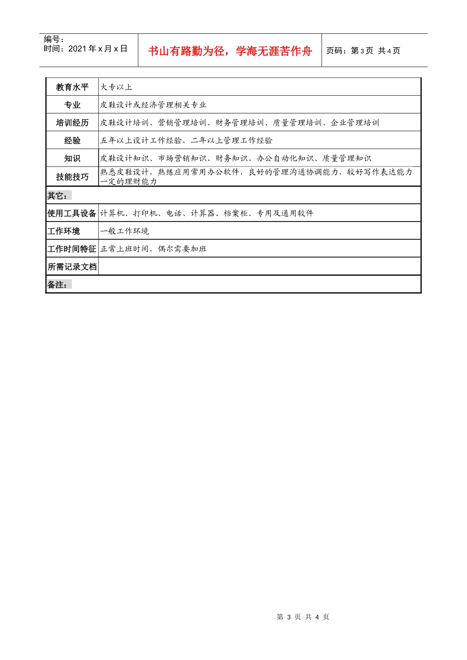 制鞋企业技术开发部经理岗位说明书_第3页