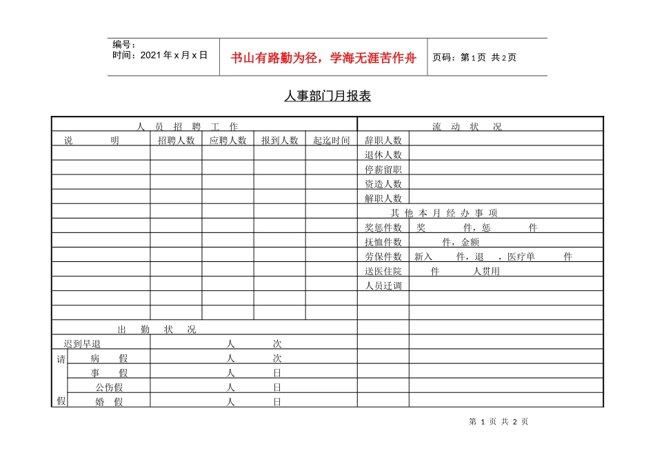 人力资源-20225 人事部门月报表_第1页