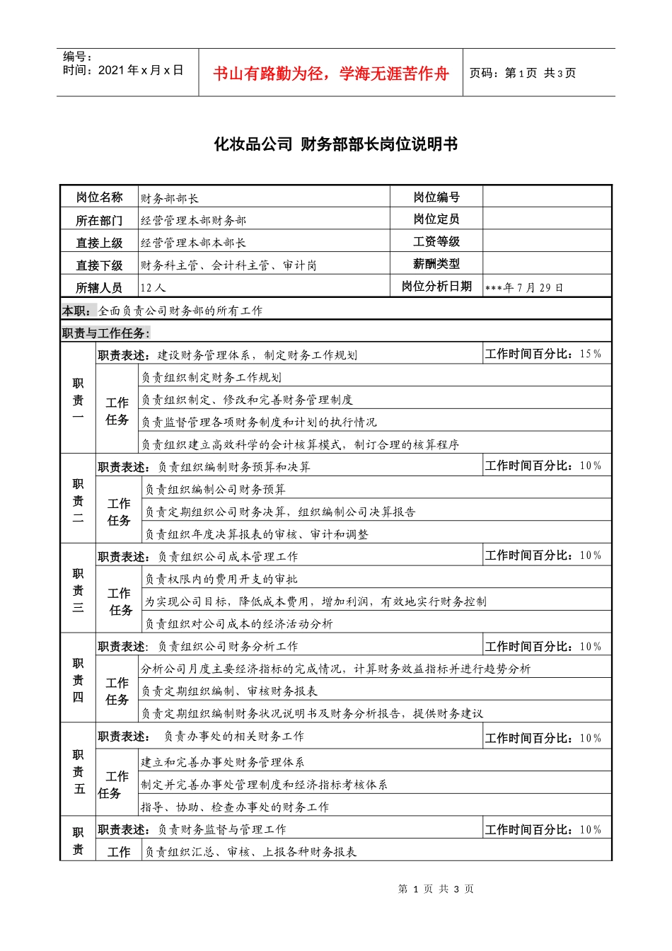化妆品公司财务部部长岗位说明书._第1页