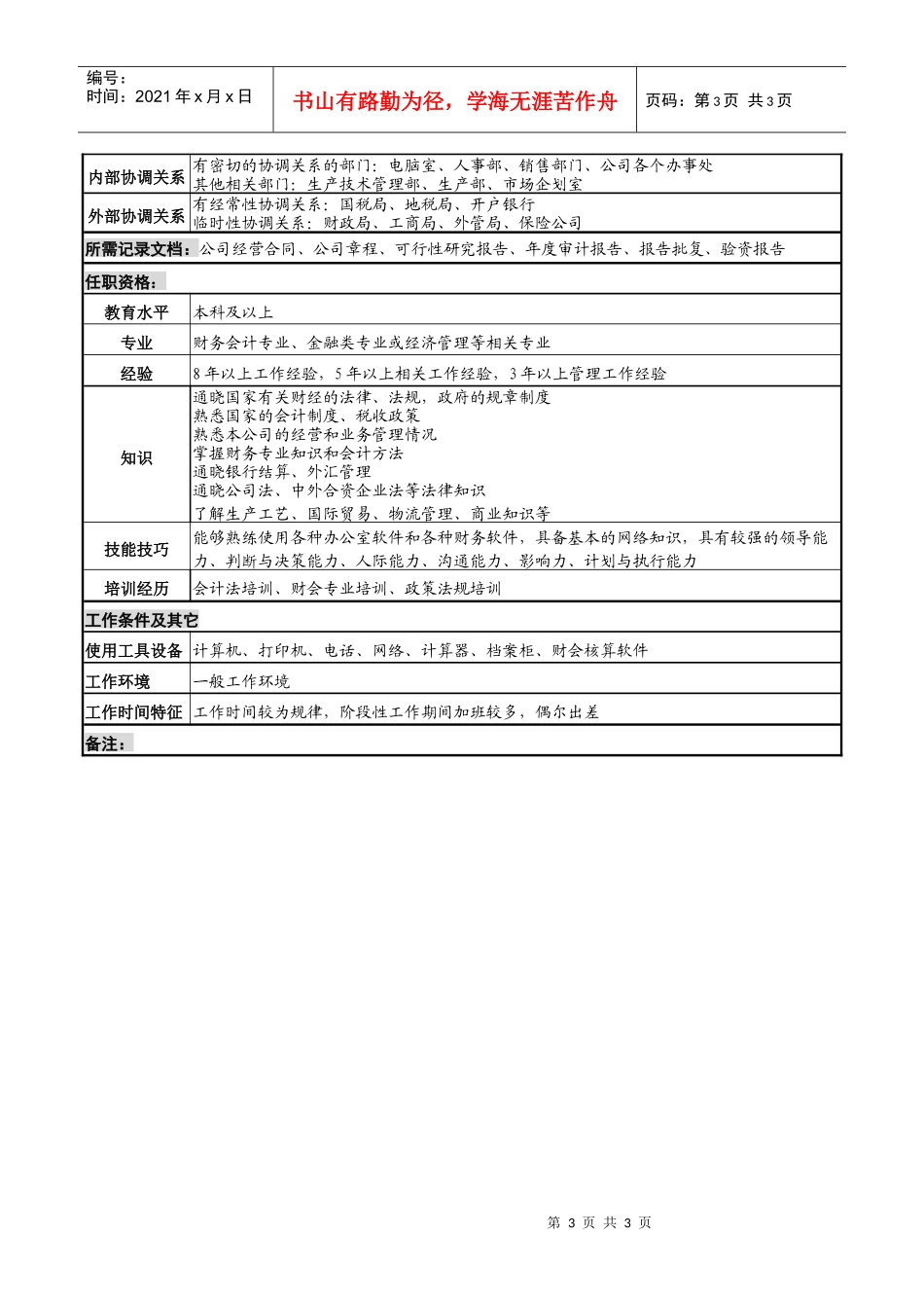 化妆品公司财务部部长岗位说明书._第3页