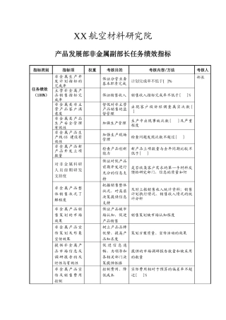 XX航空材料研究院产品发展部非金属副部长任务绩效指标