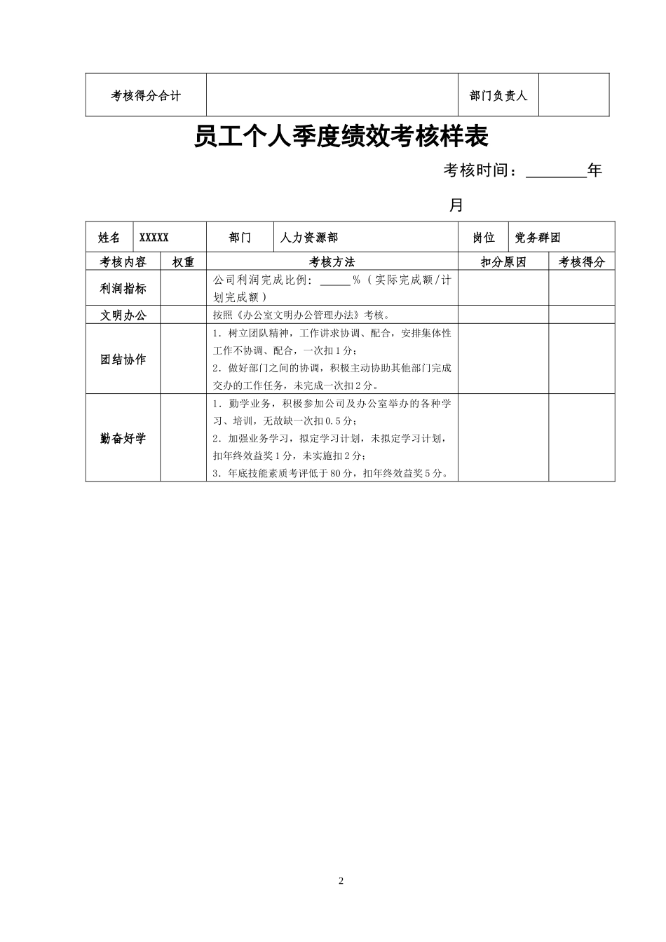 员工个人季度绩效考核表_第2页