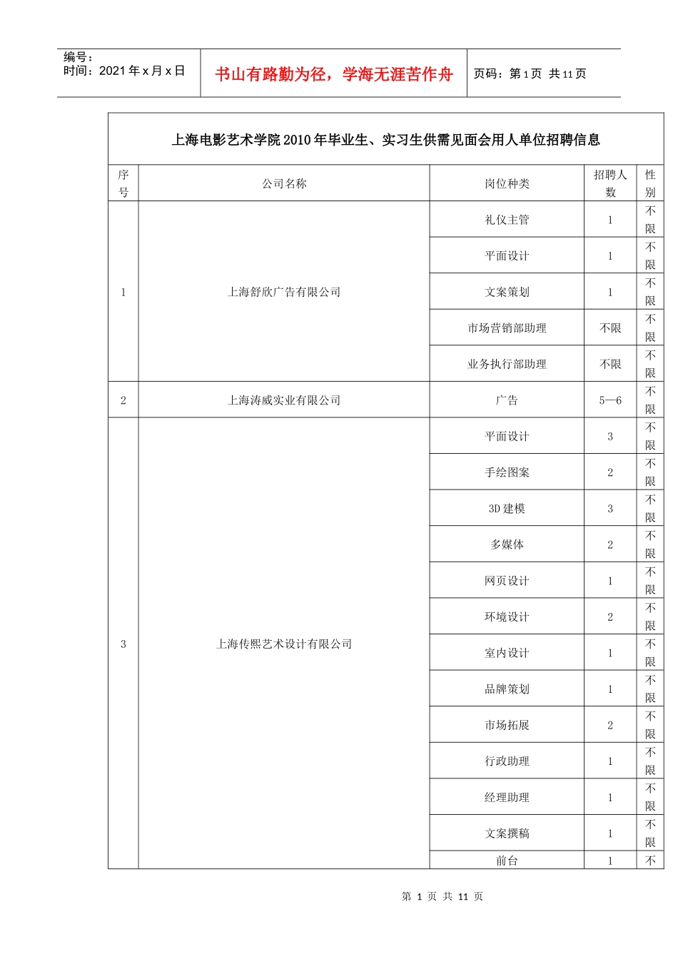 上海电影艺术学院XXXX年毕业生、实习生供需见面会用人单位招_第1页