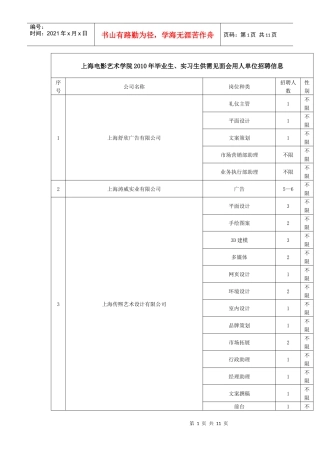 上海电影艺术学院XXXX年毕业生、实习生供需见面会用人单位招