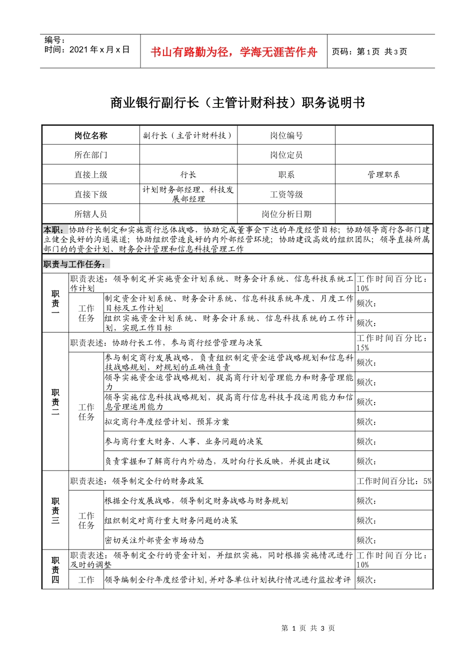 商业银行副行长（主管计财科技）职务说明_第1页