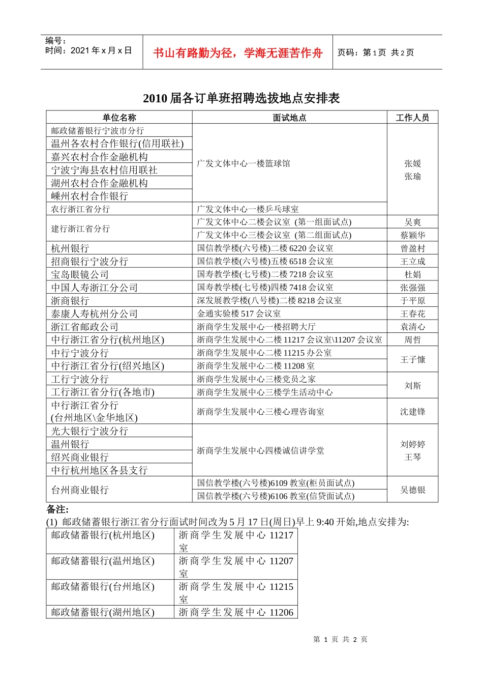 人力资源-2022XXXX届各订单班招聘选拔地点安排表_第1页