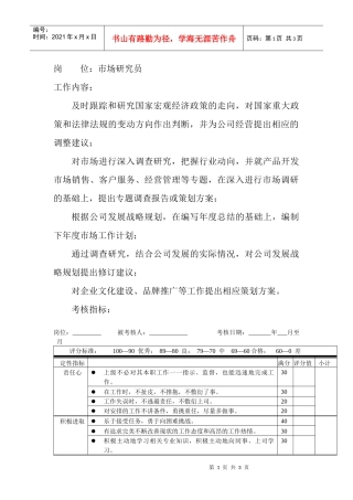 岗位工作内容和年度定性考核指标-市场研究员
