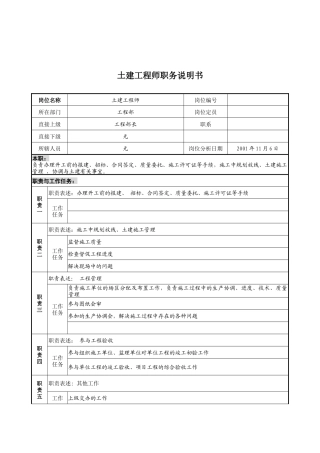 宝地建设集团工程部土建工程师职务说明书