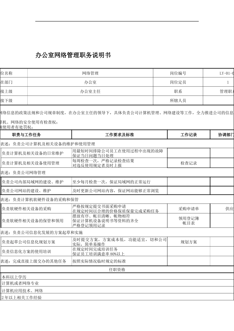 办公室网络管理岗位说明书_第1页