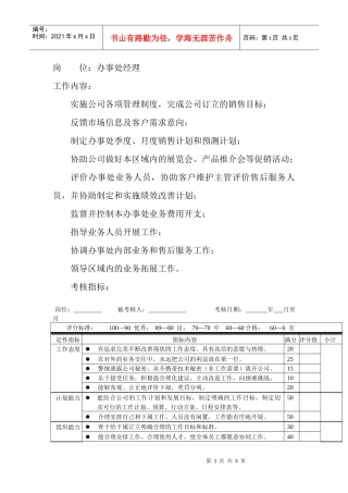 岗位工作内容和年度定性考核指-办事处经理