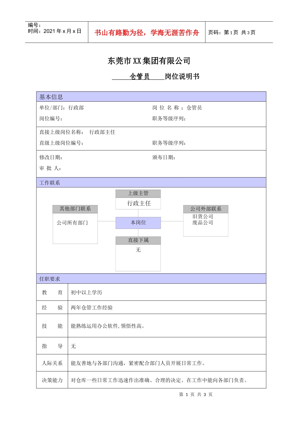 XX商场仓管职位说明书_第1页