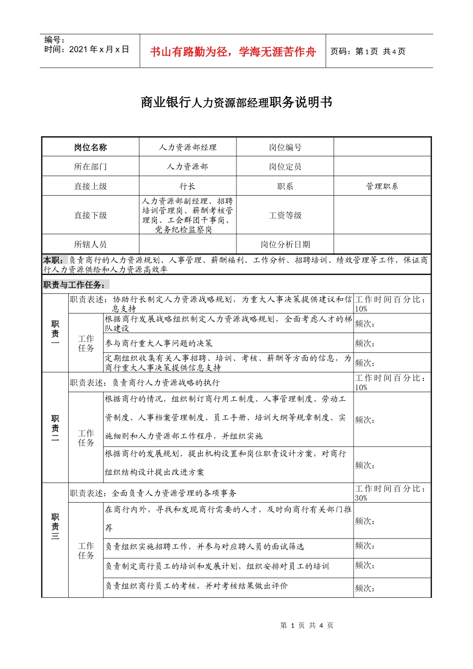 商业银行人力资源部经理职务说明书_第1页