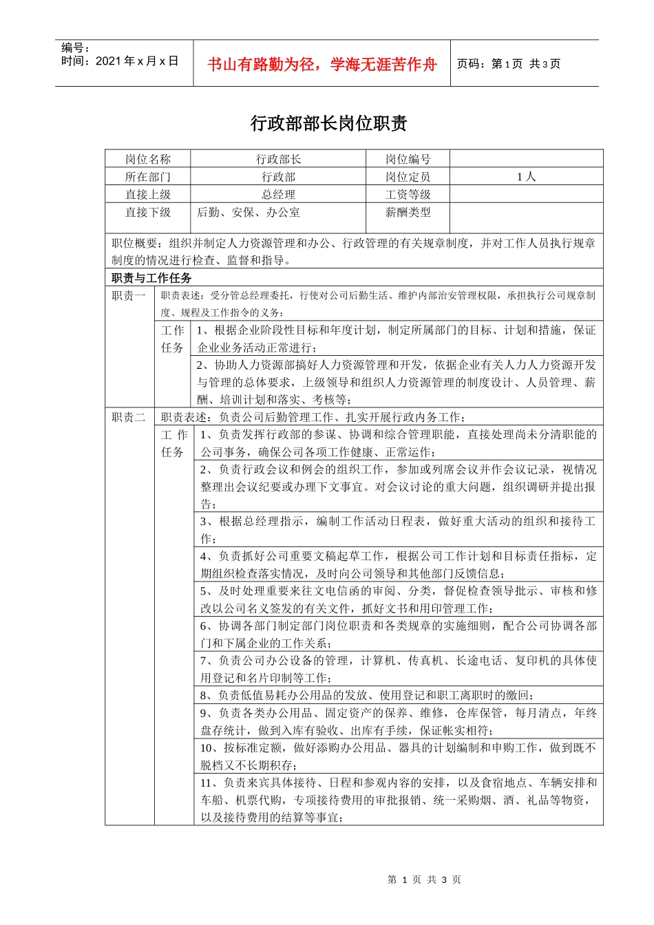 中小企业行政部长岗位职责_第1页