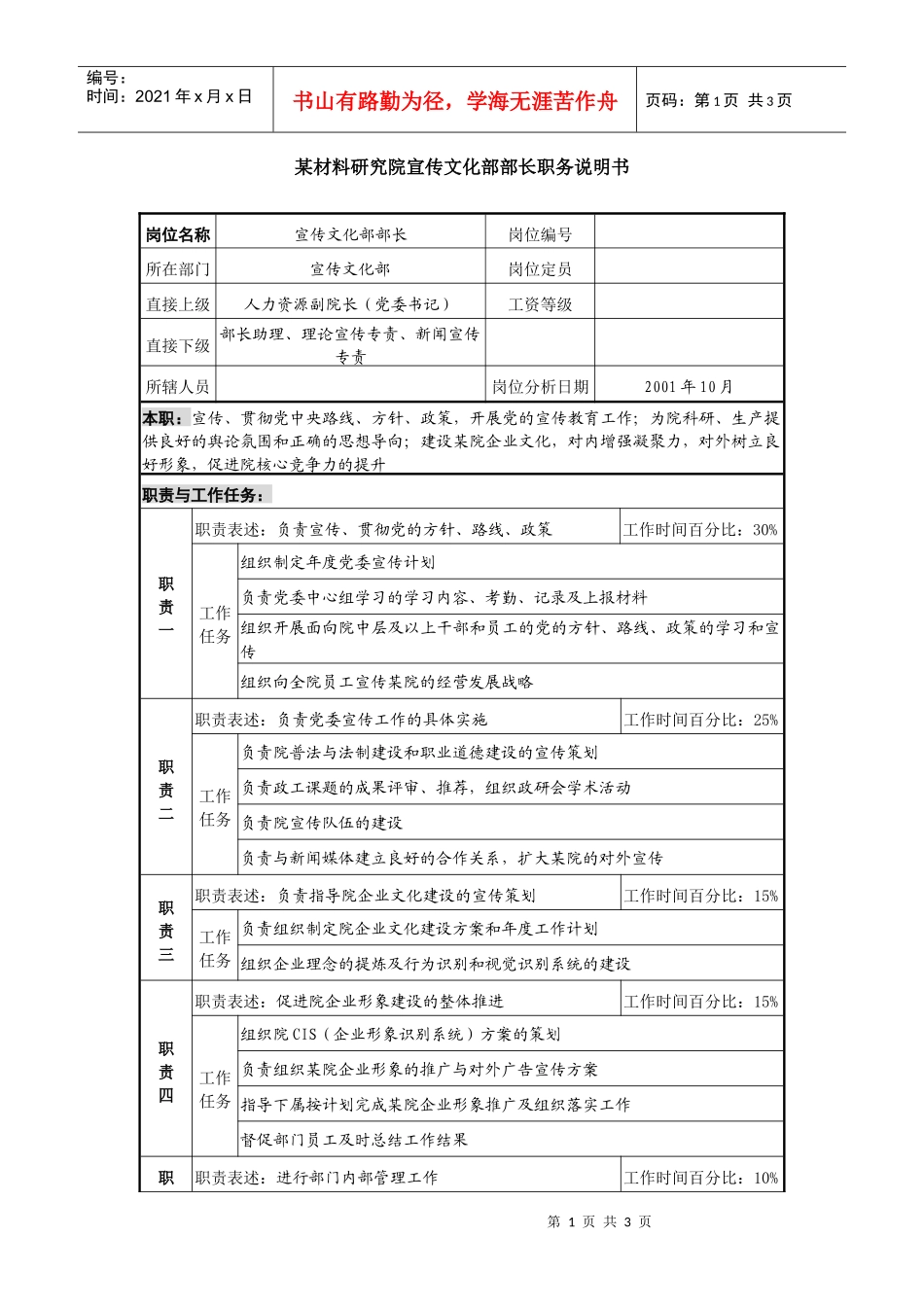 宣传文化部部长职务说明书_第1页