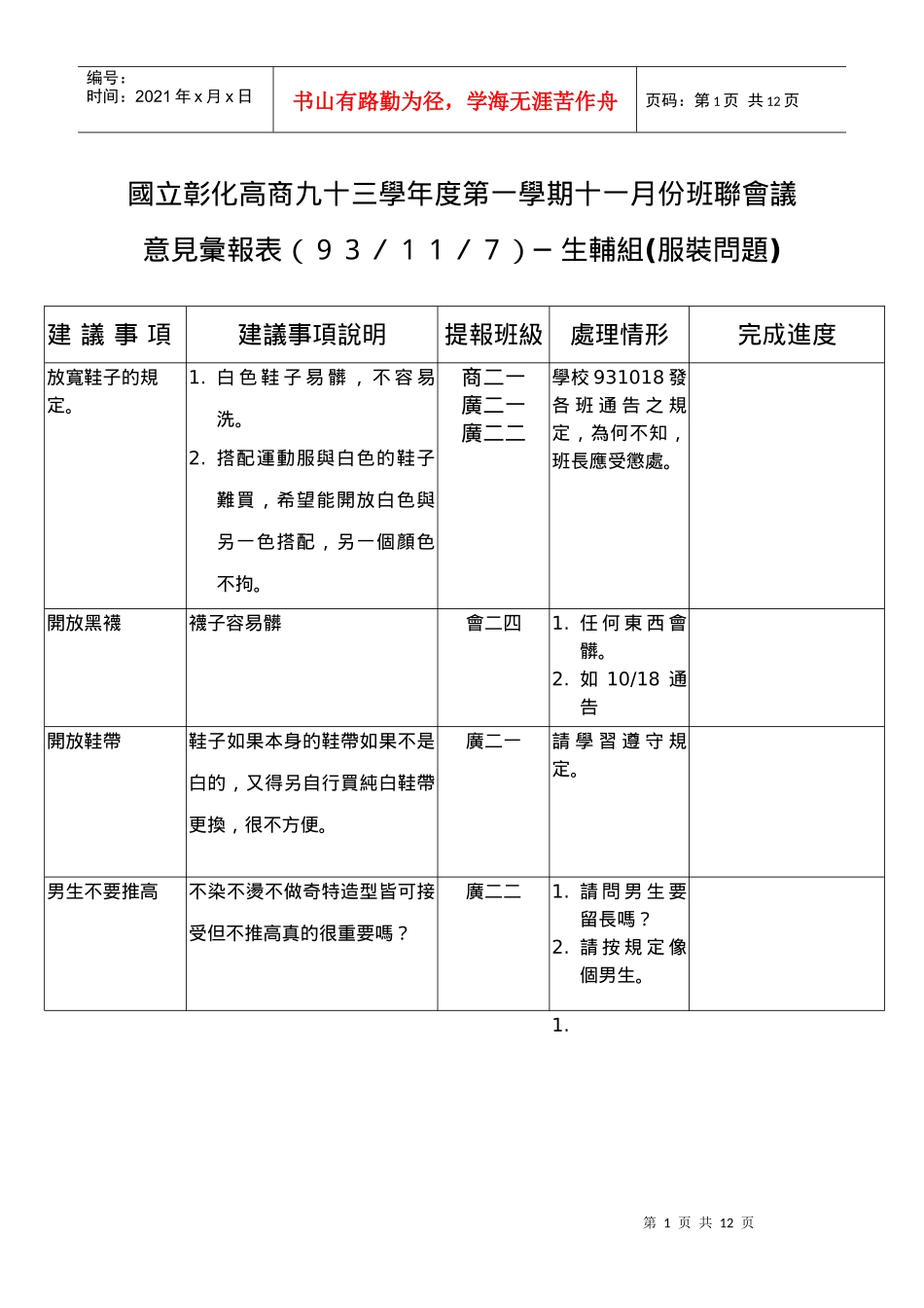 国立彰化高商九十三学年度第一学期十一月份班联会议_第1页