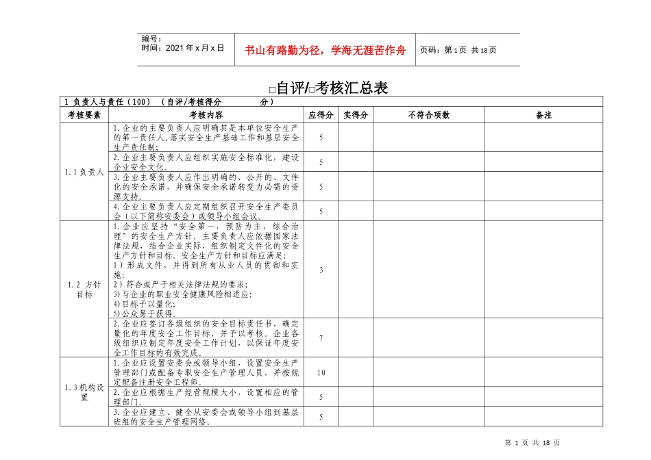 危险化学品从业单位安全标准化自查考核汇总表_第1页