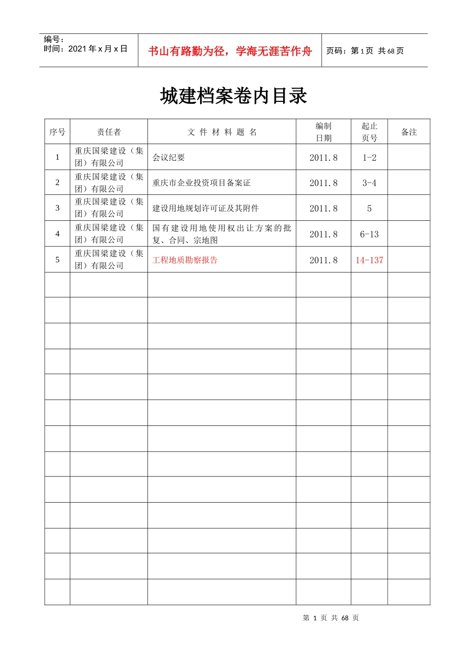 城建档案卷内目录_第1页